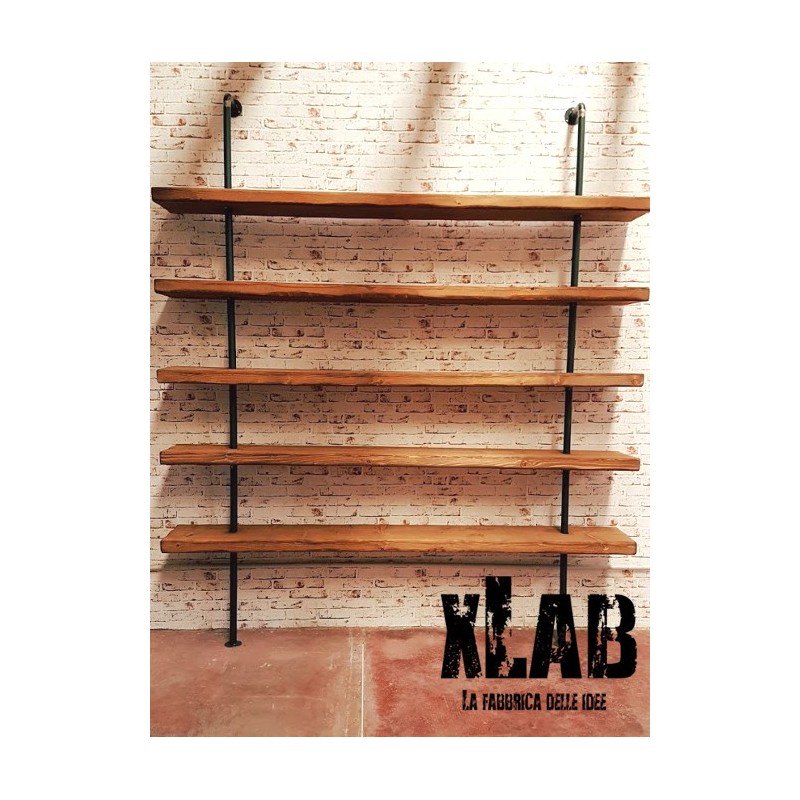 Libreria da parete in legno e tubolari semplici in ferro